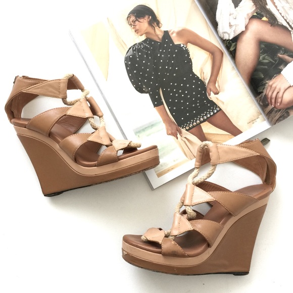 LAST CHANCE: Diane Von Furstenberg 7.5 Tan Leather Wedges rope detailing - Picture 2 of 6